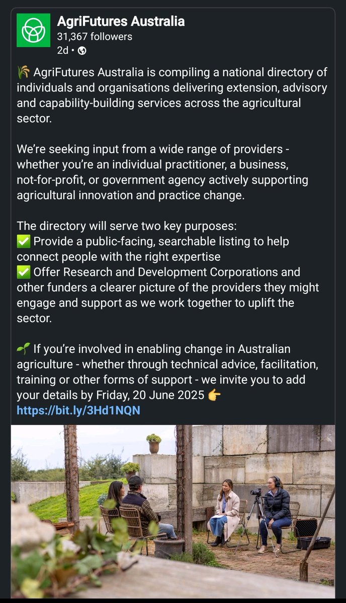 🌾 <a href="/AgriFuturesAU/">AgriFutures Australia</a> is compiling a national directory of individuals &amp; organisations delivering extension, advisory &amp; capability-building services across agriculture. 

🌱 If you’re enabling change in Aust. agriculture,  add your details by 20 June 2025 👉 bit.ly/3Hd1NQN