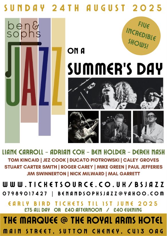 Ben Holder - That Ginger Violin Guy (@gingerviolinguy) on Twitter photo Last day to grab early bird tickets for what will be an amazing festival day! Over half the tickets are now gone!
PS HAPPY BIRTHDAY TO MY WIFE SOPH! 🥳 🎈
Early Bird Tickets: ticketsource.co.uk/whats-on/sutto…
<a href="/AdrianCoxMusic/">Adrian Cox</a> #LianeCarroll <a href="/DerekNashSax/">Derek Nash</a> Last day to grab early bird tickets for what will be an amazing festival day! Over half the tickets are now gone!
PS HAPPY BIRTHDAY TO MY WIFE SOPH! 🥳 🎈
Early Bird Tickets: ticketsource.co.uk/whats-on/sutto…
<a href="/AdrianCoxMusic/">Adrian Cox</a> #LianeCarroll <a href="/DerekNashSax/">Derek Nash</a>