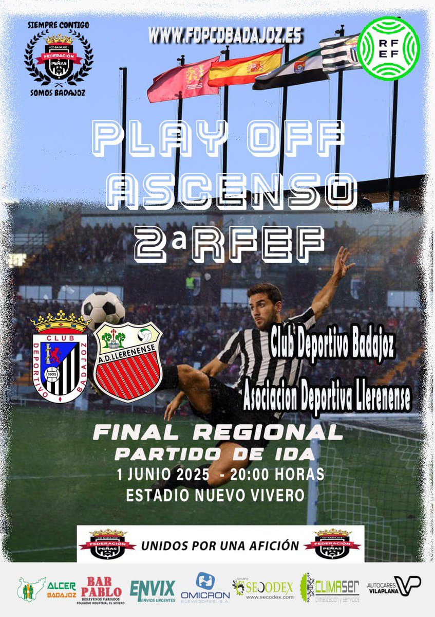 FEDERACIÓN DE PEÑAS DEL CD BADAJOZ (@fdp_cdb) on Twitter photo 🚨⚽ ᎻᎾᎽ ᎬᏕ ᎠłᎯ ᎠᎬ ᏰᎯᎠᎯ ⚽🚨
Tras la semana de calor,
tenemos que subir aún más la temperatura 🥵
Hagamos del Vivero una caldera,
llevemos al equipo en volandas
🏳🏴 𝙀𝙎 𝙇𝘼 𝙃𝙊𝙍𝘼 🏳🏴
🕗 20:00 <a href="/CDBadajoz/">CD Badajoz</a> ⚔️ <a href="/adllerenenseof/">A.D. LLERENENSE</a>
#AupaCDB ⚪⚫ #SiempreContigo 🚨⚽ ᎻᎾᎽ ᎬᏕ ᎠłᎯ ᎠᎬ ᏰᎯᎠᎯ ⚽🚨
Tras la semana de calor,
tenemos que subir aún más la temperatura 🥵
Hagamos del Vivero una caldera,
llevemos al equipo en volandas
🏳🏴 𝙀𝙎 𝙇𝘼 𝙃𝙊𝙍𝘼 🏳🏴
🕗 20:00 <a href="/CDBadajoz/">CD Badajoz</a> ⚔️ <a href="/adllerenenseof/">A.D. LLERENENSE</a>
#AupaCDB ⚪⚫ #SiempreContigo