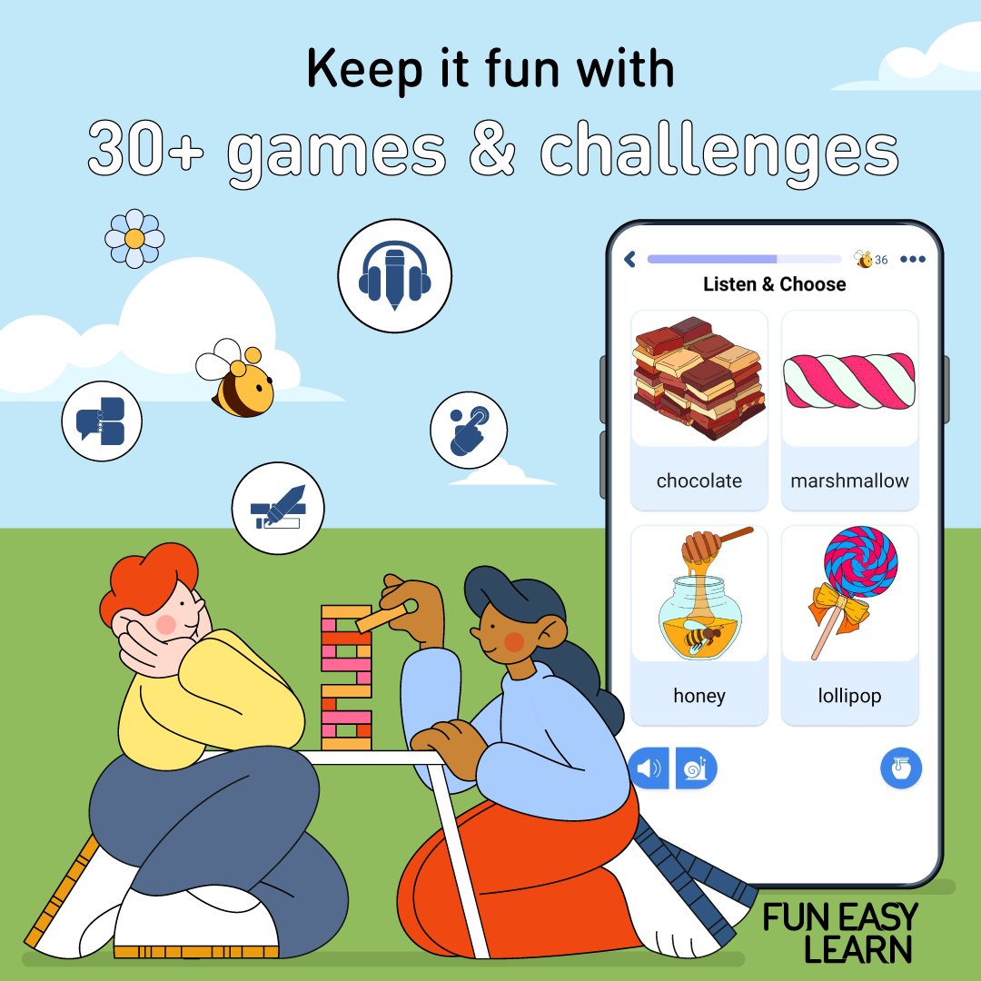 FunEasyLearn's tweet image. Happy #ChildrensDay!🥳
Every #child deserves to explore, #play & grow.🌱
With #FunEasyLearn, #languagelearning is already #playtime!🐝
Join & unlock:
🫧30+ interactive #games
🧸300+ child-friendly #topics & #ChildMode
🧩Smart #features
Start today:
🌐funeasylearn.com