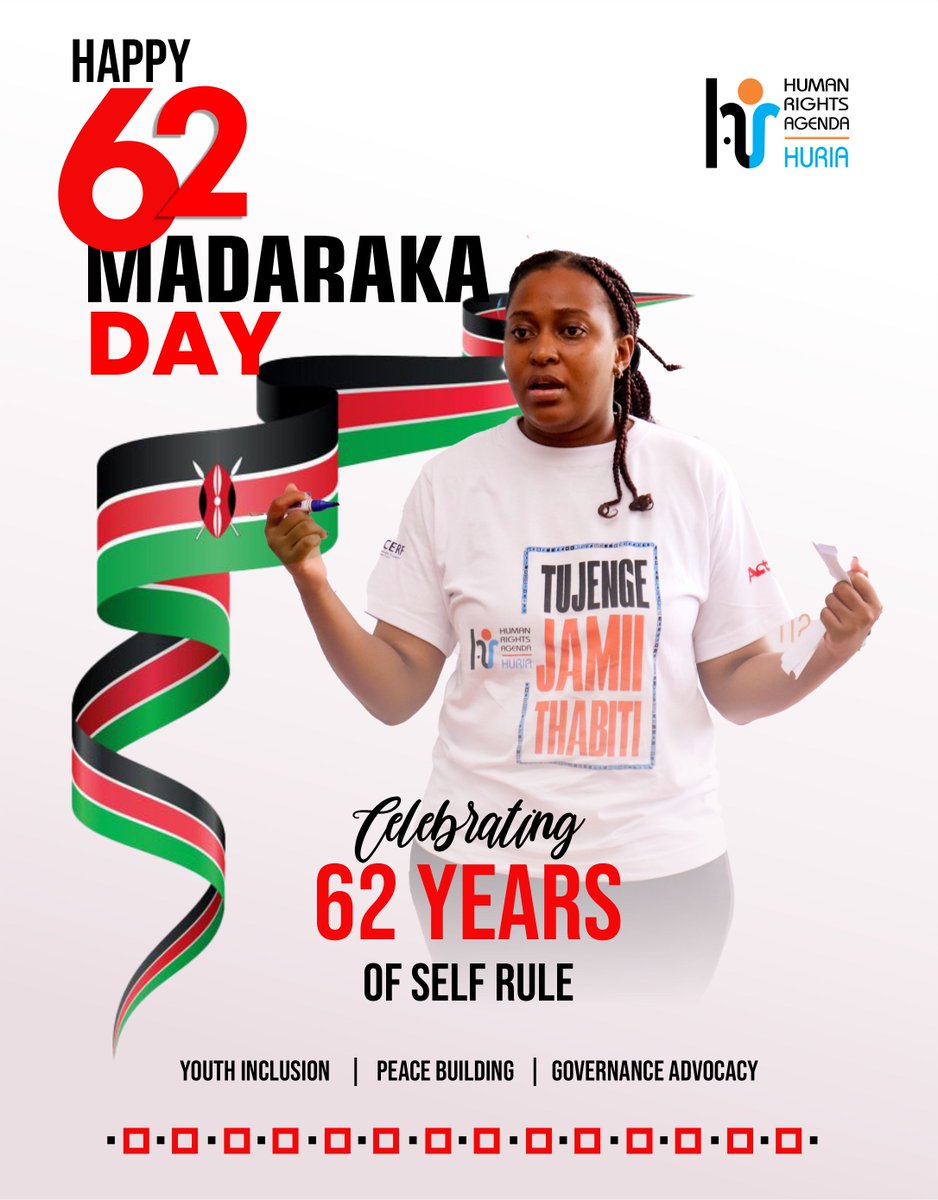 🇰🇪 Celebrating Kenya’s 62nd #MadarakaDay2025 with 
HURIA! 

HURIA's work in Kwale empowers youth to claim their rights, fosters peace, &amp; promotes transparent governance - embodying the spirit of self-governance since 1963. 
Here’s to a just Kenya! ✊ 

#HumanRights #KenyaPride
