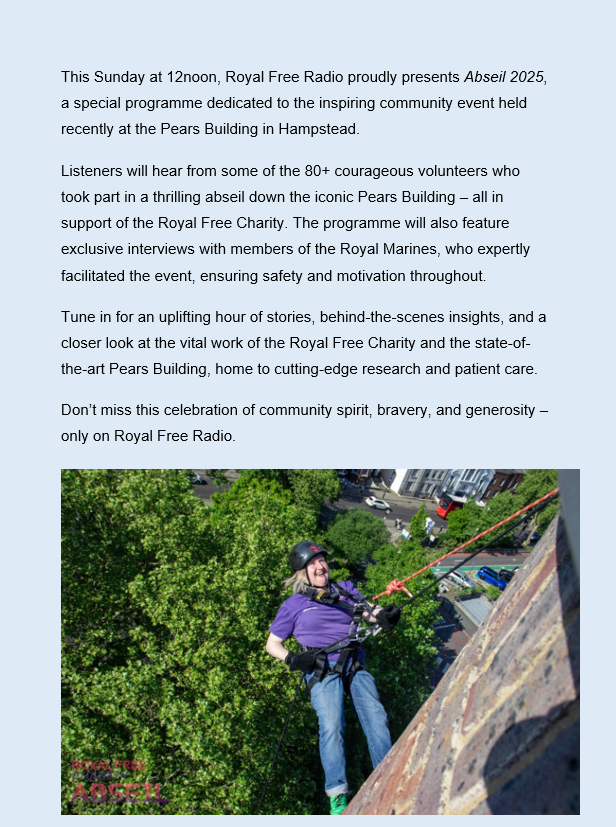 Royal Free Radio (@royalfreeradio) on Twitter photo Final reminder of our special programme covering the recent Abseil 2025 event at the Pears Building in Hampstead... today (Sunday) at 12 noon, with Patrick Kingham. royalfreerdio.co.uk <a href="/RoyalFreeNHS/">Royal Free London</a> <a href="/RoyalFreeChty/">Royal Free Charity</a> Final reminder of our special programme covering the recent Abseil 2025 event at the Pears Building in Hampstead... today (Sunday) at 12 noon, with Patrick Kingham. royalfreerdio.co.uk <a href="/RoyalFreeNHS/">Royal Free London</a> <a href="/RoyalFreeChty/">Royal Free Charity</a>