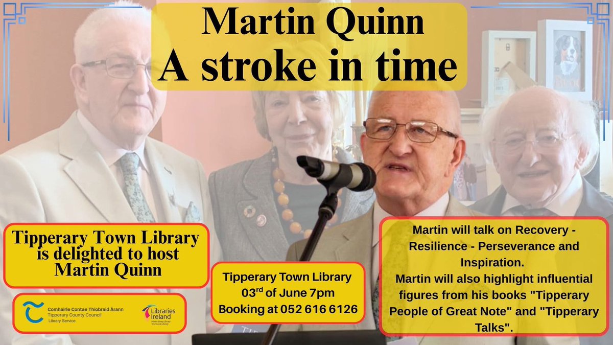 Martin Quinn (@martinquinns) on Twitter photo Anyone that might like to come to my talk on Tuesday next at 7pm, would be very welcome. Itâs about Stroke and recovery but itâs also about much more as I will be highlighting influential figures from my books on Tipperary. <a href="/TippLib/">TippCoCoLibraries</a> <a href="/PresidentIRL/">President of Ireland</a> <a href="/rtenews/">RTĂ News</a> <a href="/RTENationwide/">RTĂ Nationwide</a> Anyone that might like to come to my talk on Tuesday next at 7pm, would be very welcome. Itâs about Stroke and recovery but itâs also about much more as I will be highlighting influential figures from my books on Tipperary. <a href="/TippLib/">TippCoCoLibraries</a> <a href="/PresidentIRL/">President of Ireland</a> <a href="/rtenews/">RTĂ News</a> <a href="/RTENationwide/">RTĂ Nationwide</a>