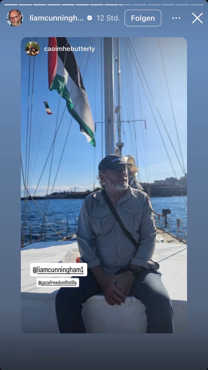 Liam Cunningham wearing a Kneecap cap on the Gaza Freedom Flotilla. Solidarity with everyone heading to Gaza today, putting their own safety on the line for humanity.