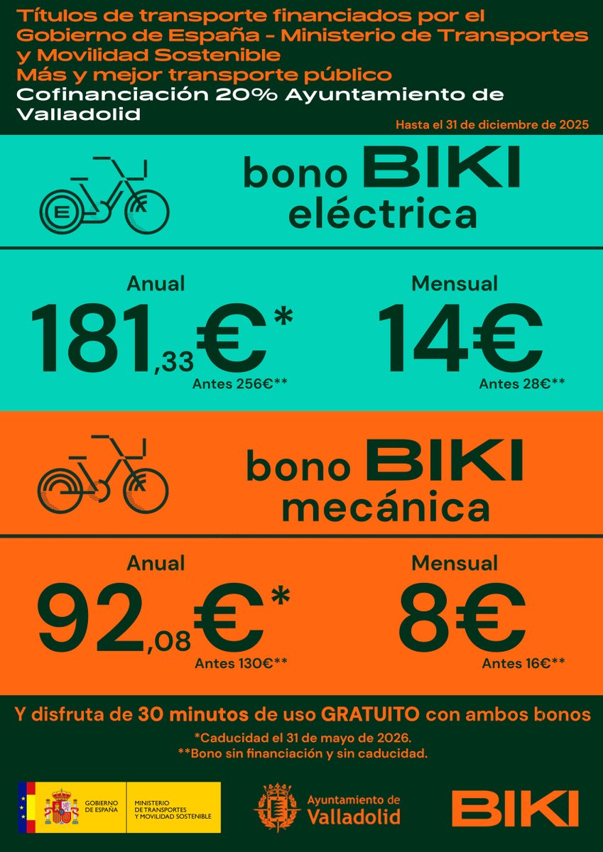 BIKI (@bikivll) on Twitter photo 🚲 Disfruta de BIKI con el 50% de descuento en todos los bonos.
*️⃣ Bonos anuales válidos hasta el 31 de mayo de 2026.
✅ Financiados por el Gobierno de España <a href="/transportesgob/">Ministerio Transportes y Movilidad Sostenible</a> y cofinanciados al 20% por el <a href="/AyuntamientoVLL/">Ayto. de Valladolid</a>. 🚲 Disfruta de BIKI con el 50% de descuento en todos los bonos.
*️⃣ Bonos anuales válidos hasta el 31 de mayo de 2026.
✅ Financiados por el Gobierno de España <a href="/transportesgob/">Ministerio Transportes y Movilidad Sostenible</a> y cofinanciados al 20% por el <a href="/AyuntamientoVLL/">Ayto. de Valladolid</a>.