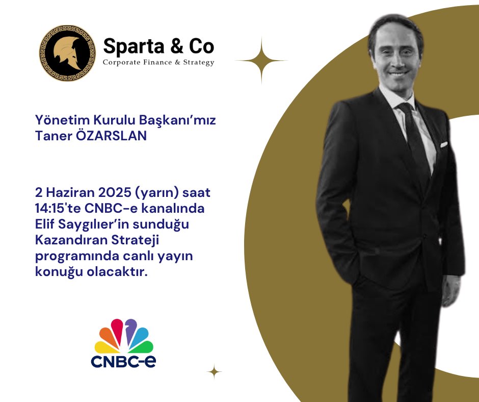 Yönetim Kurulu Başkanı'mız Taner Özarslan yarın saat 14:15'te CNBC-e ekranlarında Elif Saygılıer'in sunduğu "Kazandıran Strateji" programında canlı yayın konuğu olacaktır. Keyifli seyirler!