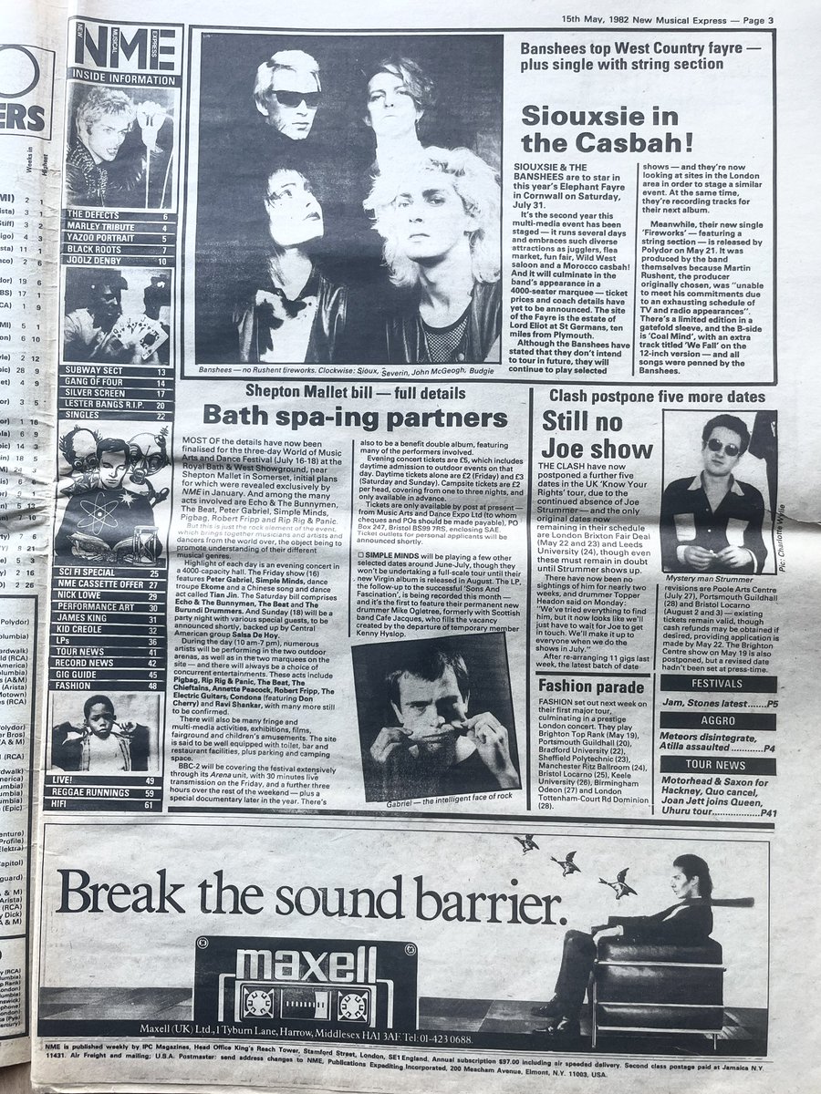 Siouxsie &amp; The Banshees and The Elephant Fayre, Joe Strummer and The Clash, WOMAD, Simple Minds, more.
News in New Musical Express, 15 May 1982.
<a href="/TheClash/">The Clash</a>