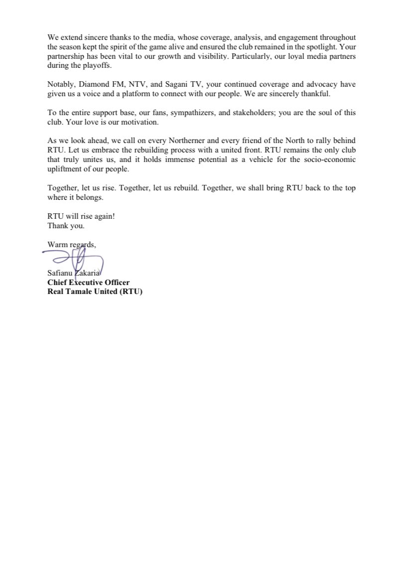On behalf of the entire club, the CEO extends heartfelt gratitude to our fans, partners, and supporters. 

Though Premier League promotion eluded us, the journey continues—stronger, bolder, and united.
Wayuna! #RTU #Prideofthenorth