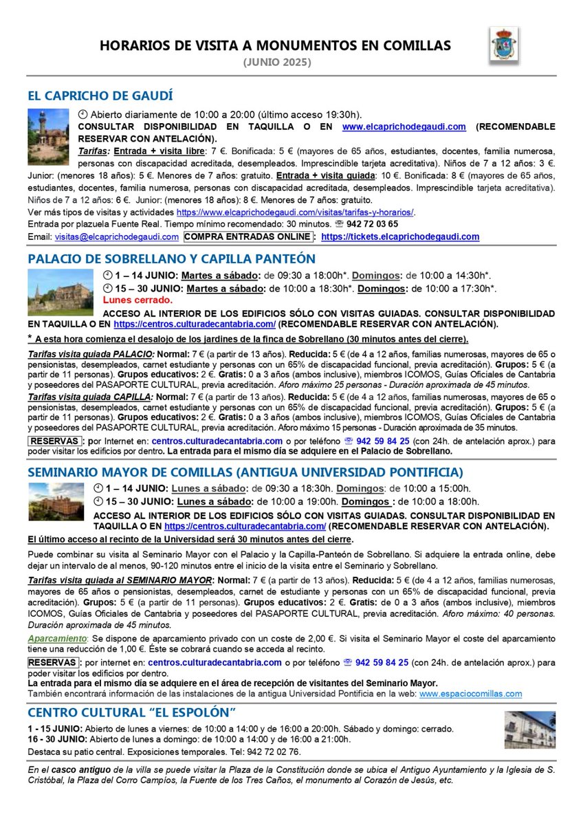 ¿Vienes a #Comillas la próxima semana?

Consulta nuestro BOLETÍN TURÍSTICO 🌐
comillas.es/boletin-turist…  

¡Ten en cuenta los horarios de visita a MONUMENTOS en junio! 🏛 
𝐒𝐞 𝐫𝐞𝐜𝐨𝐦𝐢𝐞𝐧𝐝𝐚 𝐫𝐞𝐬𝐞𝐫𝐯𝐚𝐫 𝐜𝐨𝐧 𝐚𝐧𝐭𝐞𝐥𝐚𝐜𝐢ó𝐧

#Junio2025 #TurismoComillas