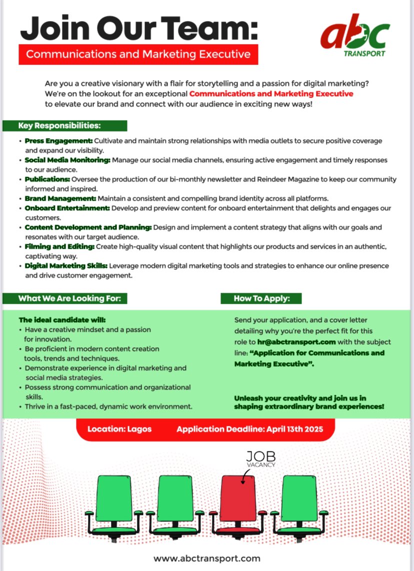 Vicneji's tweet photo. Recruiting - Communications &amp; Marketing Executive at @ABCTransportPlc 
send applications to the email on the flyer and cc vnneji@abctransport.com 
Deadline extended till June 6th 📨 https://t.co/XMTh13h8Tn