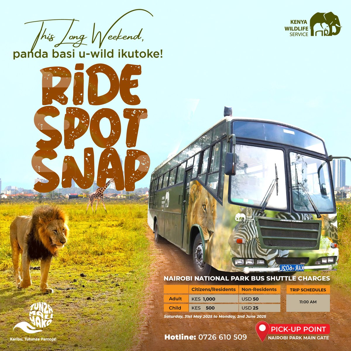 Kenya Wildlife Service (@kwskenya) on Twitter photo ๐๐๐ฉ๐ฉ๐ฒ ๐๐๐๐๐ซ๐๐ค๐ ๐๐๐ฒ!
This long weekend, skip the queues and unlock the wild faster!
Skip the queues and prepay your park entry via kws.ecitizen.go.ke for Express Park Access โ itโs fast, easy, and gets you straight into the adventure!
๐๐จ ๐ซ๐ข๐๐? ๐๐จ ๐๐๐ฉ๐ฉ๐ฒ ๐๐๐๐๐ซ๐๐ค๐ ๐๐๐ฒ!
This long weekend, skip the queues and unlock the wild faster!
Skip the queues and prepay your park entry via kws.ecitizen.go.ke for Express Park Access โ itโs fast, easy, and gets you straight into the adventure!
๐๐จ ๐ซ๐ข๐๐? ๐๐จ