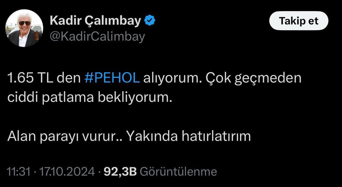 #PEHOL 1.65₺’ den aldığım #PEHOL 24₺ oldu. 

Kar oranımız %2000🔥

Ben sadece Pera Holdingden son 5 ayda 8 milyon kazandım. 

Yeni hisselerde paylaşacağım. 

Beni para kazanmak isteyenler değil, zengin olmak isteyenler takip etsin