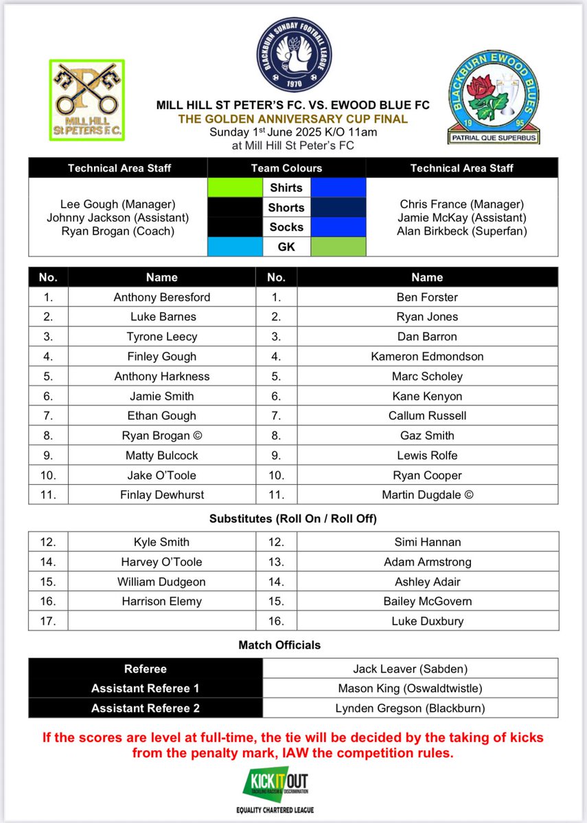 Golden Anniversary Cup Final Teamsheet
<a href="/MHSP_/">Mill Hill St Peters</a> vs. Ewood Blues