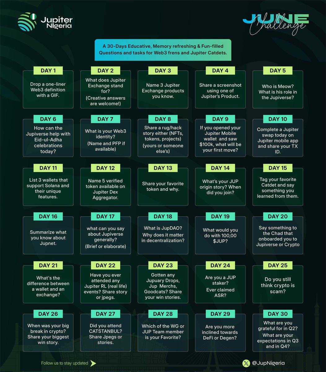 You all anticipate, then it is here 
Get Ready for Fun

Introducing the 30-Day June Challenge for jupiverse 

For the next 30 days, we'll be sharing simple, fun tasks to complete on . 

Join in, share and save your progress.

Reward? , Yes there will be reward for those who start