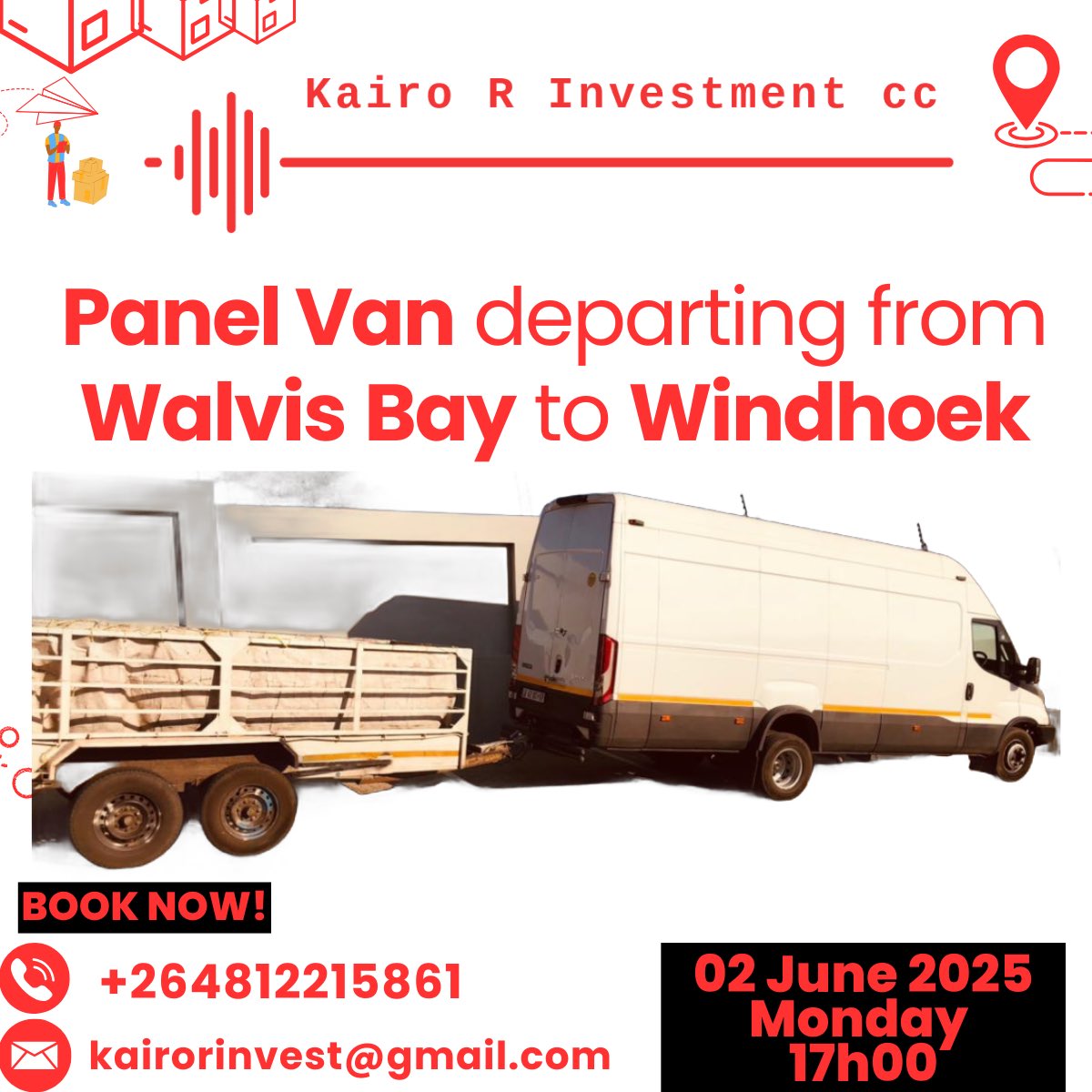 kairo_r_invest's tweet photo. For all logistics bookings and to send any commodities, please contact us via:  
Call/WhatsApp: +264 81 22 15861
Email: kairorinvest@gmail.com https://t.co/MuZTcvUp39