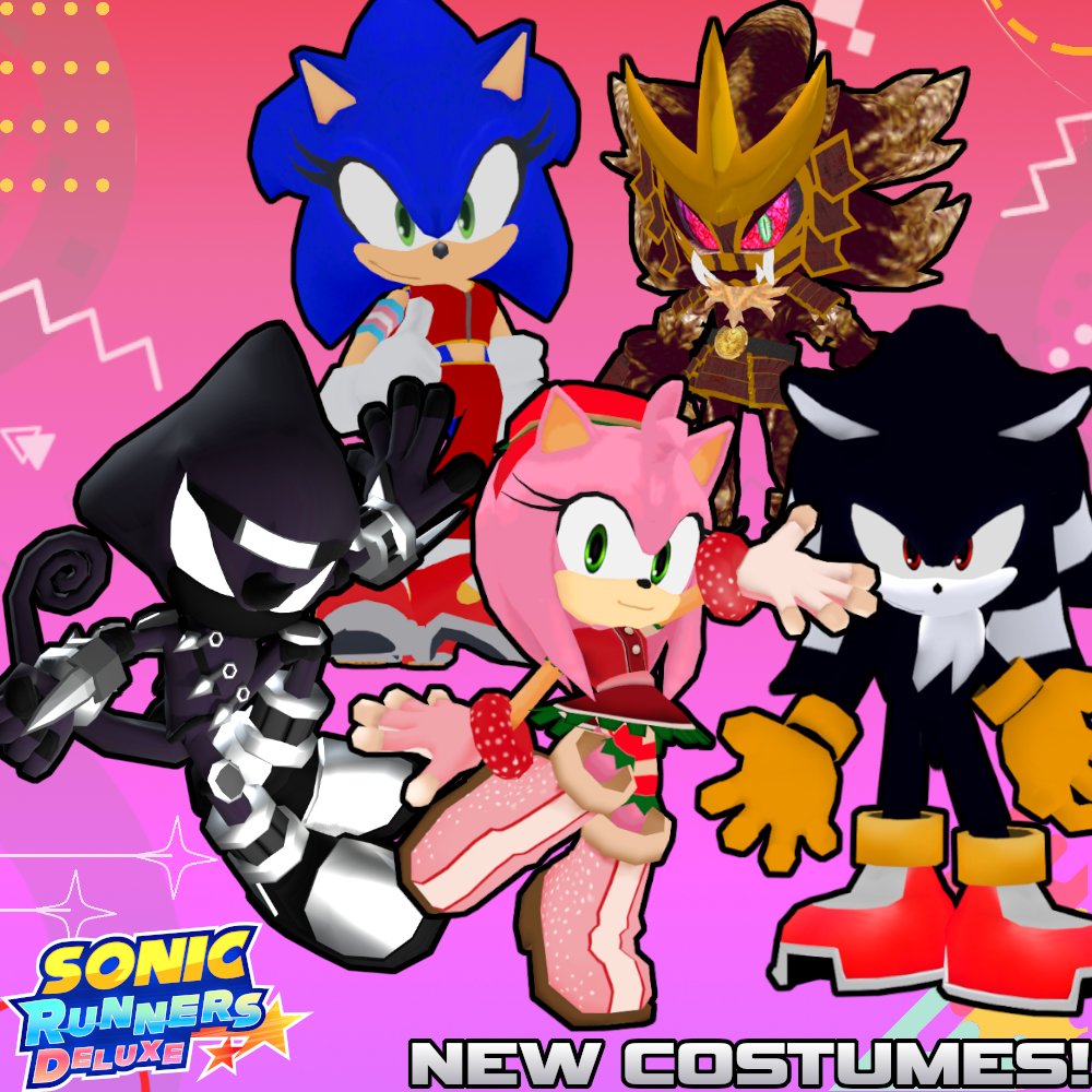 Here's a preview of some upcoming skins coming to Sonic Runners Deluxe! 

The skins are:

Strawberry Amy
Assassin Espio
Terios Type-B
Shogun Mephiles
TF! Sonic (Original Design and In-game model: <a href="/LadyLunanova/">ladylunanova</a>)
