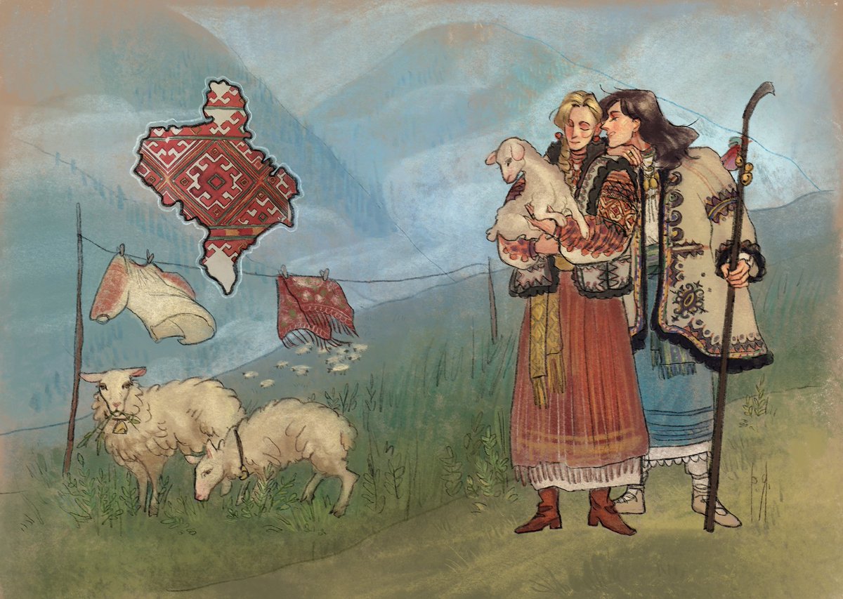 мої дівчата для <a href="/odezhyna_zine/">Одежина</a> , натхненні косівським вбранням. 🌱

(і так, це фем версії Безвусого і Шувара)
#украрт #oc