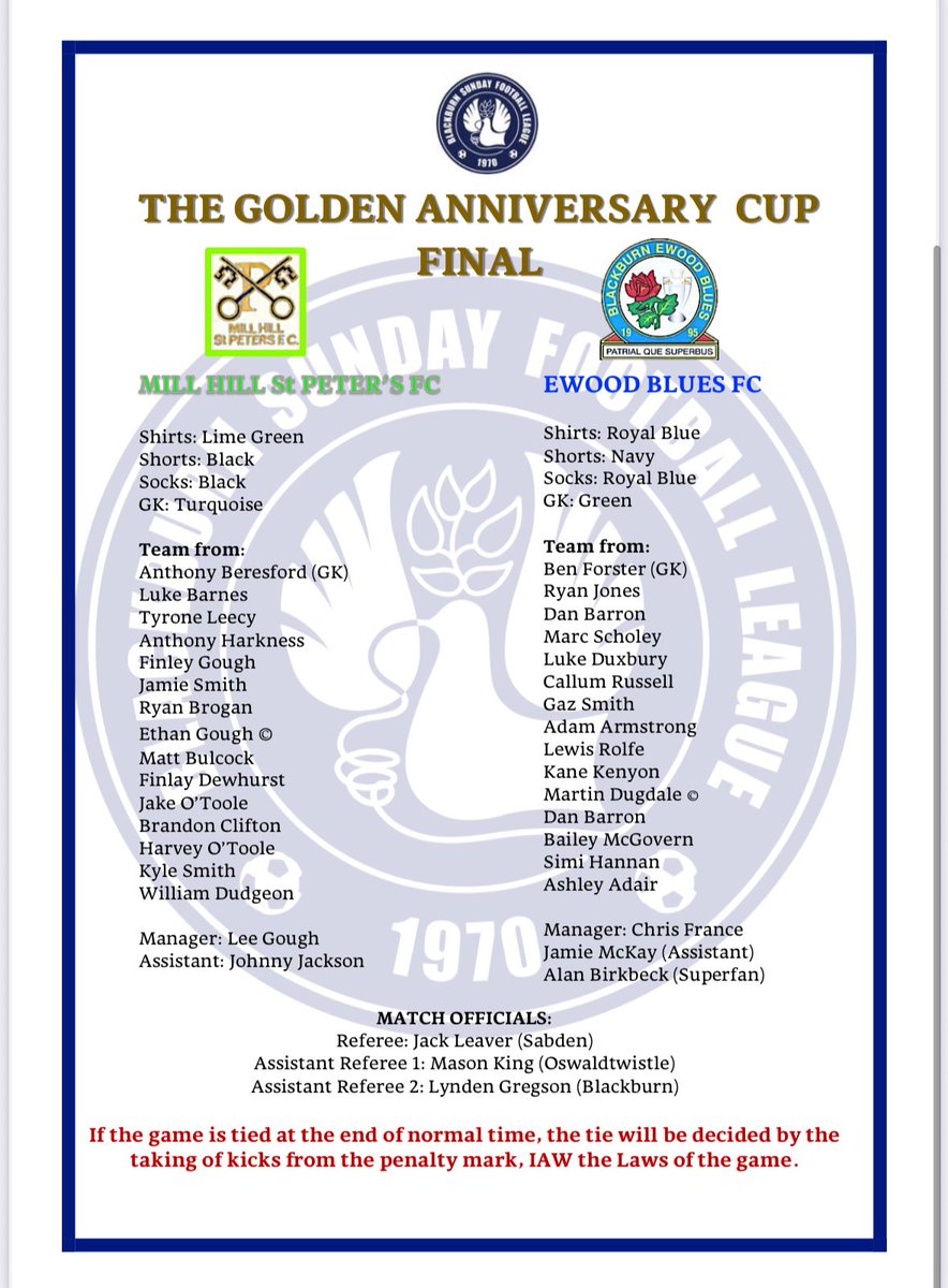 It’s the Golden Anniversary Cup Final at Mill Hill St Peter’s FC.

Mill Hill St Peter’s 💚🖤 vs. Ewood Blues 💙🤍