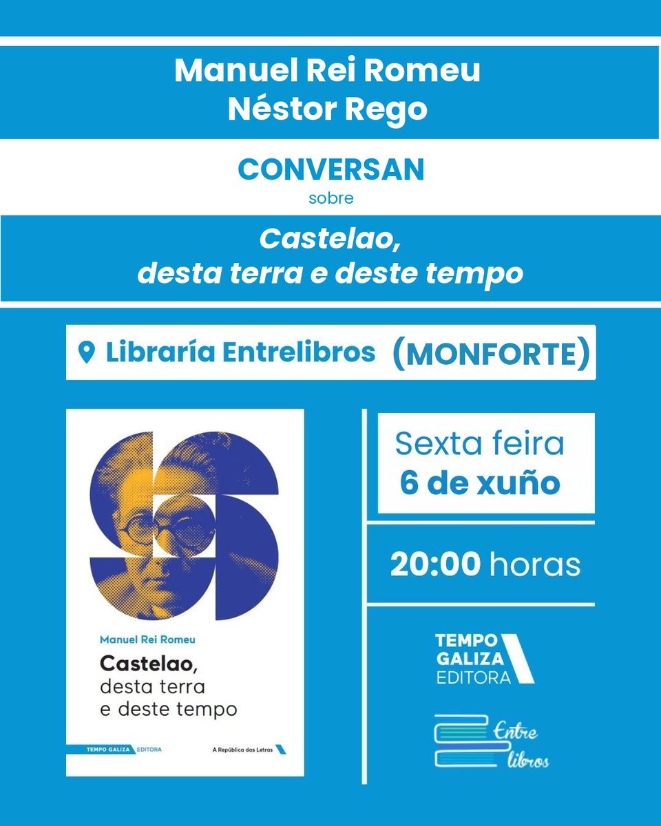Tempo Galiza (@tempogaliza) on Twitter photo Na prรณxima sexta feira (6 de xuรฑo) conversan en #MONFORTE Manuel Rei Romeu (autor) e Nรฉstor Rego sobre ๐๐๐ฌ๐ญ๐๐ฅ๐๐จ, ๐๐๐ฌ๐ญ๐ ๐ญ๐๐ซ๐ซ๐ ๐ ๐๐๐ฌ๐ญ๐ ๐ญ๐๐ฆ๐ฉ๐จ. Serรก รกs 20:00 horas na librarรญa ๐ฌ๐๐๐๐ ๐ณ๐๐๐๐๐. #AnoCastelao #Galiza #Libros Na prรณxima sexta feira (6 de xuรฑo) conversan en #MONFORTE Manuel Rei Romeu (autor) e Nรฉstor Rego sobre ๐๐๐ฌ๐ญ๐๐ฅ๐๐จ, ๐๐๐ฌ๐ญ๐ ๐ญ๐๐ซ๐ซ๐ ๐ ๐๐๐ฌ๐ญ๐ ๐ญ๐๐ฆ๐ฉ๐จ. Serรก รกs 20:00 horas na librarรญa ๐ฌ๐๐๐๐ ๐ณ๐๐๐๐๐. #AnoCastelao #Galiza #Libros