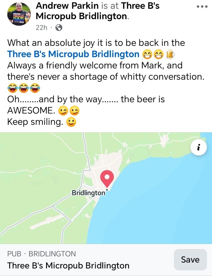 Three Bs Micropub Bridlington (@threebspubbrid) on Twitter photo We are open 12-9 today. Thanks to Andrew Parkin for the great comments.
<a href="/camra_wolds/">Yorkshire Wolds CAMRA</a> We are open 12-9 today. Thanks to Andrew Parkin for the great comments.
<a href="/camra_wolds/">Yorkshire Wolds CAMRA</a>