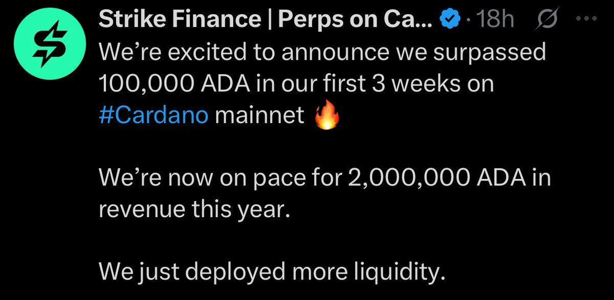 whale (@cardano_whale) on Twitter photo Cardano needs to start winning. It doesn’t have to be perfect, novel or the best or biggest at its domain across crypto. Just good dapps that can ramp up rapid adoption and growth, to catch the narrative and eyes. To me both <a href="/BodegaCardano/">Bodega Market | Cardano’s Prediction Market</a> and <a href="/strikecardano/">Strike Finance | Perps on Cardano</a> embody that right now Cardano needs to start winning. It doesn’t have to be perfect, novel or the best or biggest at its domain across crypto. Just good dapps that can ramp up rapid adoption and growth, to catch the narrative and eyes. To me both <a href="/BodegaCardano/">Bodega Market | Cardano’s Prediction Market</a> and <a href="/strikecardano/">Strike Finance | Perps on Cardano</a> embody that right now