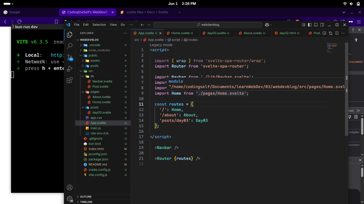 coding_theself's tweet image. Day 03: Svelte + Routing 🤯

✅ Integrated Svelte
✅ Modularized my pages
🧪 Tried svelte-spa-router (didn&apos;t work 😅)

Routing broke — but I’m learning!

🧵 Full blog: codingtheself.github.io/webdevblog/pos…

dev.to/coding_self
#100DaysOfCode #Svelte #webdev #bun #webdevblog