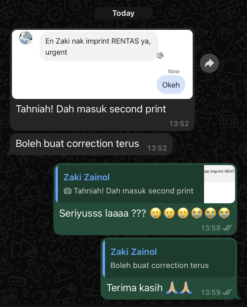 Berita yang mengubat segala pilu terpaksa pulang dari tanah dagang. Lagi-lagi dengan rekod novel sebelum ni tak pernah masuk cetakan kedua. 😭😭

Ya Allah, hanya Kau sahaja yang mampu mengizikan terubahnya nasib hamba-Mu 🤲🏼🤲🏼

Terima kasih semua. Sebarkan mesej novel Rentas ya?