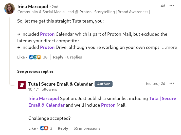 Hey <a href="/ProtonPrivacy/">Proton</a>  why so quiet? Are you accepting the challenge?

For background:
1. Proton's marketing team commented on our #deGoogle recommendation post on LinkedIn, complaining that we must list Proton Mail as well.