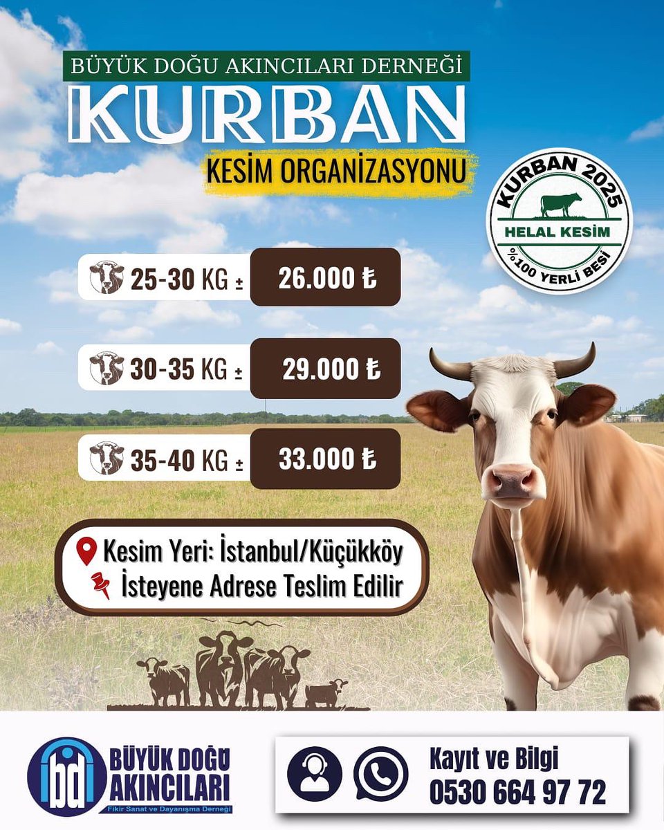 Kurban hisse satışımız devam ediyor.

👉Hisse Bedeli
25-30kg 26000tl
30-35kg 29000tl
35-40kg 33000tl

📌kesim yeri; İst./Küçükköy
🚛isteyene 'eve teslim'

📞 0530 664 97 72

▪️Albaraka Türk 
TR49 0020 3000 0989 9594 0000 01
▪️Büyük Doğu Akıncıları Fikir Sanat Ve Dayanışma Derneği