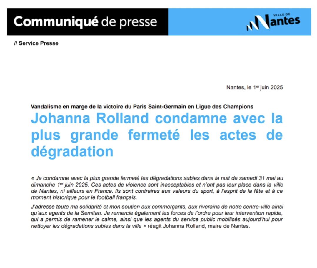 Je condamne fermement les dégradations subies dans la nuit et j’apporte mon soutien aux équipes de <a href="/Naolib_Direct/">Naolib</a>, ainsi qu’aux commerçants et riverains du centre-ville.
