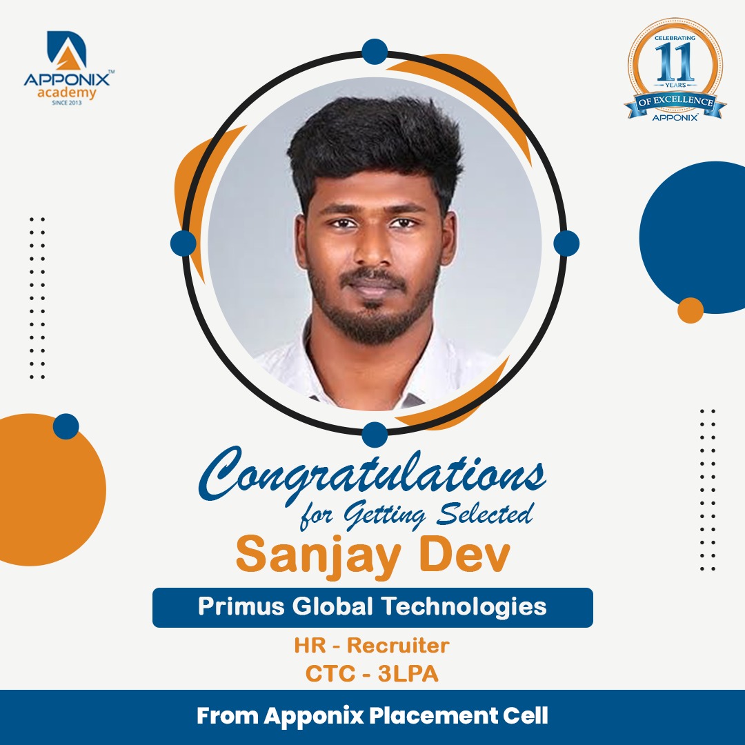 apponix's tweet image. 🎉 Big Congrats to Sanjay Dev
Selected as HR - Recruiter at Primus Global Technologies 💼
📈 CTC – ₹3 LPA
Another proud moment for our Apponix Placement Cell 🌟
#ApponixSuccess #CampusPlacement #HRCareer #PrimusGlobal #JobAlert #SuccessStory #ApponixAcademy