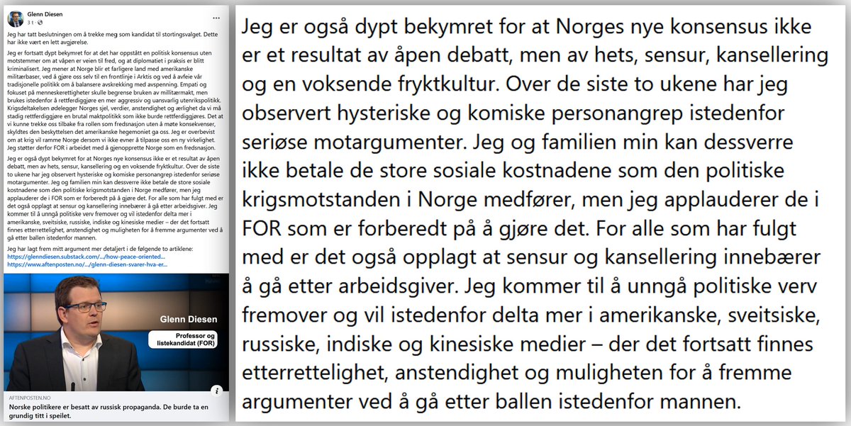 Dagens Diesen. Det er som forventet at Diesen fremstiller debattklimaet i Russland som alle tiders, mens han fortier at kongen av kanselleringer i Europa befinner seg i Kreml, og at han selv har vist et velutviklet talent for «å gå etter ballen istedenfor mannen» hos russiske RT.
