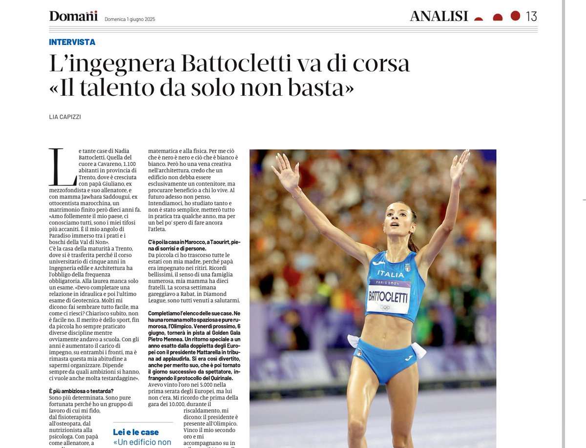 Le fatiche di Nadia Battocletti. 
Medaglie e record. Gare in pista, su strada o di cross nel fango. Gli allenamenti da conciliare con l’Università. Corre in media 90/100 km alla settimana, le manca un esame (Geologia) alla Laurea in Ingegneria Edile e Architettura. 
Il benessere