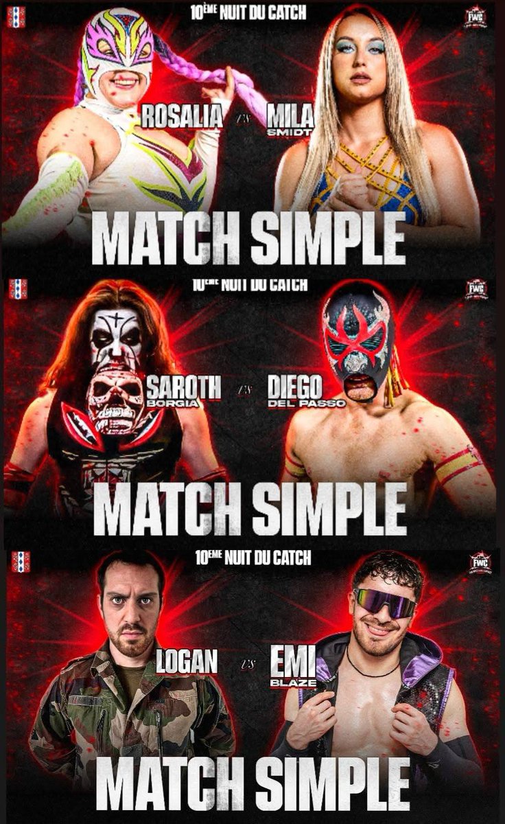 Voici la carte complète du show la 10eme nuit du catch de la FWC qui aura lieu le 8 juin

Steve Kuningas et Adam Frost VS Hidalga et Enygma

Match pour le titre FWC
Carl Krieger (C) VS Docteur Muller

Match du dernier survivant
Dominique Le Talendier VS Harlekin VS Kenny Chase VS