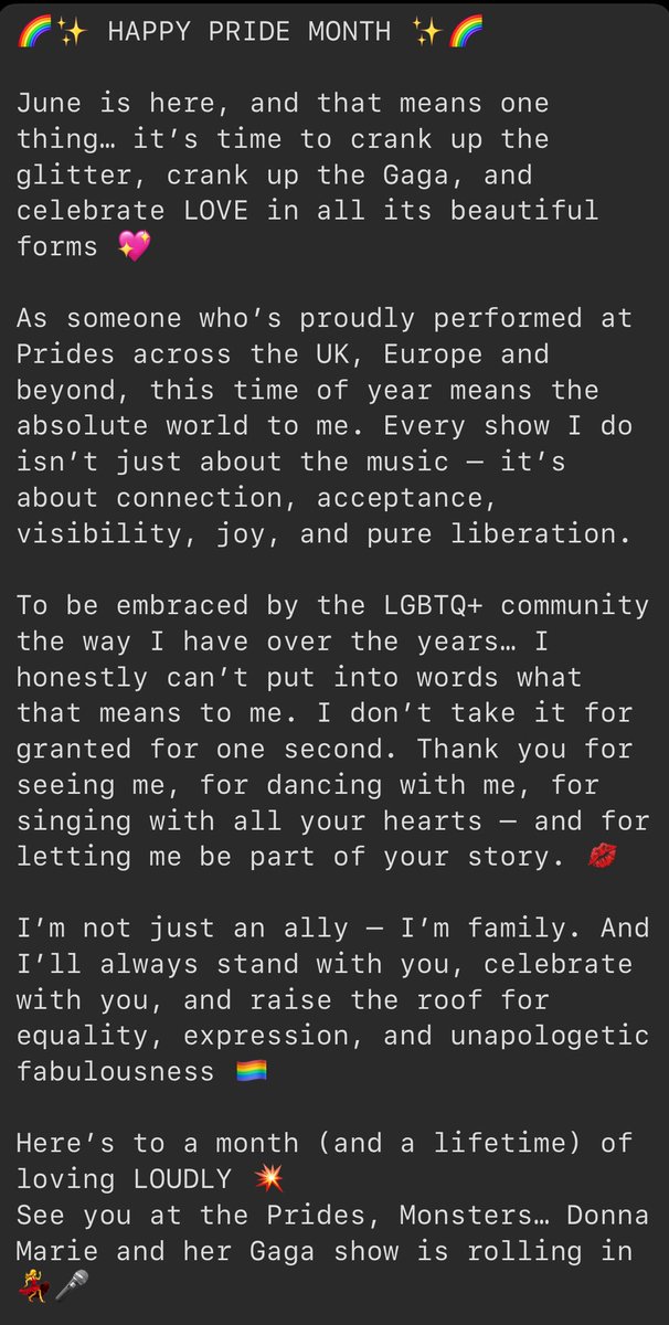 🌈✨ HAPPY PRIDE MONTH ✨🌈
June is here… it’s time to crank up the glitter, Gaga, and celebrate LOVE in all its beautiful forms 💖
Here’s to a month (and a lifetime) of loving LOUDLY See you at the Prides, Monsters… 💃🎤
#PrideMonth #BornThisWay #LGBTQAlly