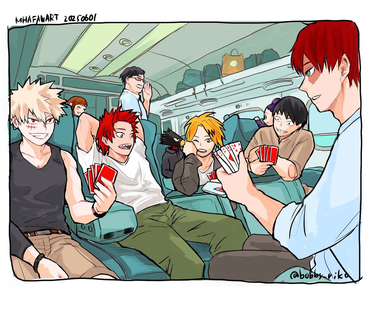 bobby_riko's tweet image. 電車でお出かけ中トランプする派閥と轟君の絵