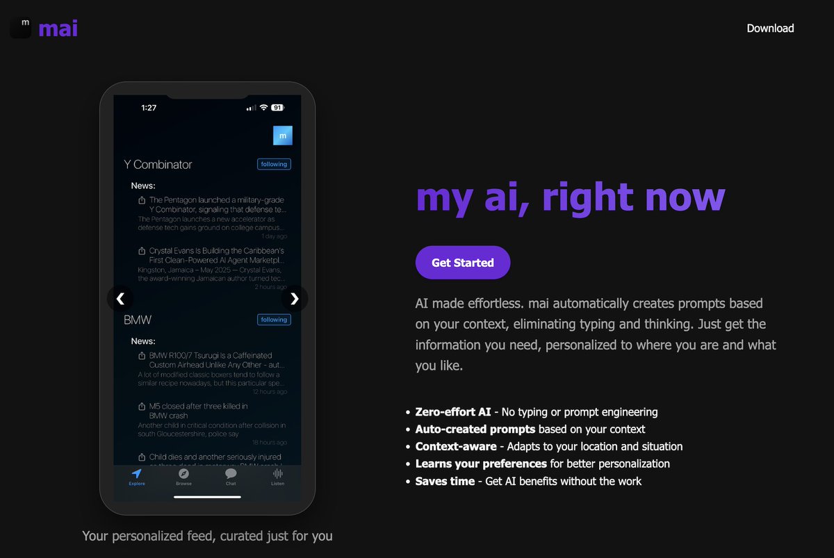 Sharing my Vibe Coding project: "mai"

Do you also wish AI was more personalized and easy on mobile?

If you'd like to help test out the beta--just sign up here and I'll send you a build: maiapp.xyz

thanks!