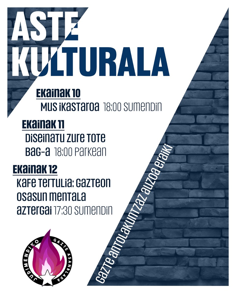 HEMEN DA ASTE KULTURALA🎨🃏

Urtero bezala, Judimendiko Gazte Asanbladako kideok bestelako aisialdi bat posible dela aldarrikatzeko egitaraua antolatu dugu auzoko jaien aurretik✊🏼 Animatu 

⚠️ Adi! Tote bag tailerrean parte hartzeko linka labur.eus/totebag da. Azkar ibili!