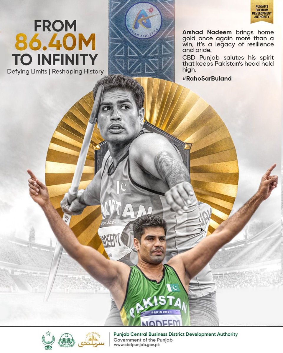 CBD Punjab congratulates Pakistan’s star javelin thrower <a href="/ArshadOlympian1/">Arshad Nadeem</a> on winning gold at the Asian Athletics Championships — the first Pakistani to do so since 1973!

With a powerful throw of 85.57 meters, he ended a 50-year gold drought and lifted the nation’s spirit high.