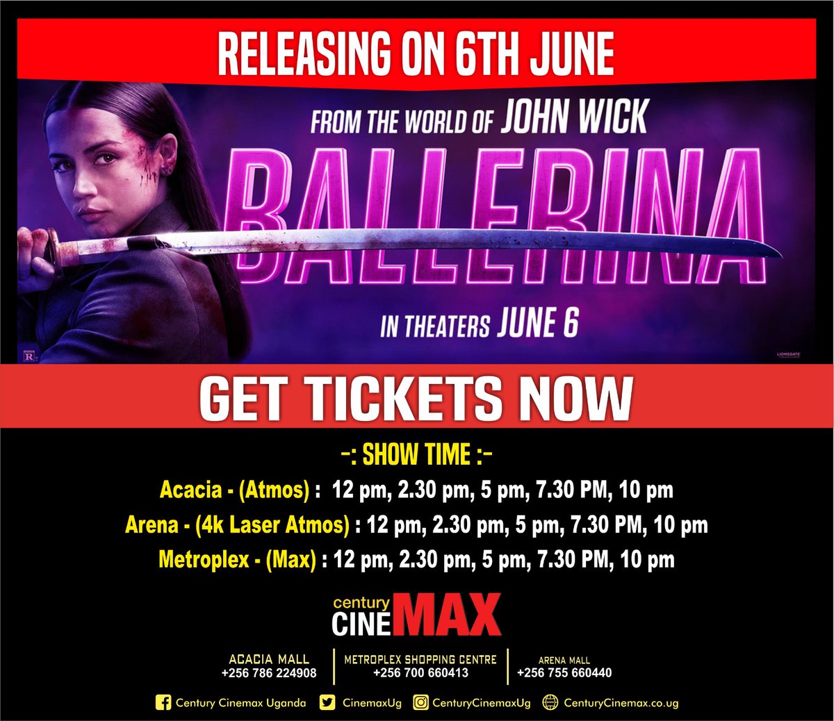 Century Cinemax Uganda (@cinemaxug) on Twitter photo From the World of John Wick: #BALLERINA hits <a href="/CinemaxUg/">Century Cinemax Uganda</a> June 6.
ADVANCE BOOKING OPEN: GET TICKETS 🎟 NOW:- centurycinemax.co.ug
#BallerinaMovie #JohnWickWorld #JohnWick #BabaYaga #ComingSoon #ThisFriday #NewMovie #ActionMovie #ThrillerMovie #4KLASERPROJECTION #DOLBYATMOS From the World of John Wick: #BALLERINA hits <a href="/CinemaxUg/">Century Cinemax Uganda</a> June 6.
ADVANCE BOOKING OPEN: GET TICKETS 🎟 NOW:- centurycinemax.co.ug
#BallerinaMovie #JohnWickWorld #JohnWick #BabaYaga #ComingSoon #ThisFriday #NewMovie #ActionMovie #ThrillerMovie #4KLASERPROJECTION #DOLBYATMOS