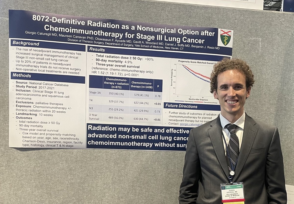 Gavitt Woodard (@gavittwoodard) on Twitter photo Proud of our <a href="/YaleSurgery/">Yale Surgery</a> residents Giorgio Caturegli and Oluwaseun Ayoade who are representing <a href="/YaleThoracic/">Yale Thoracic Surgery</a> at #ASCO2025 with two posters using the National Cancer Database in NSCLC. Keep an eye out for Giorgio who will apply to thoracic surgery fellowships in a few years. 👏👏 Proud of our <a href="/YaleSurgery/">Yale Surgery</a> residents Giorgio Caturegli and Oluwaseun Ayoade who are representing <a href="/YaleThoracic/">Yale Thoracic Surgery</a> at #ASCO2025 with two posters using the National Cancer Database in NSCLC. Keep an eye out for Giorgio who will apply to thoracic surgery fellowships in a few years. 👏👏