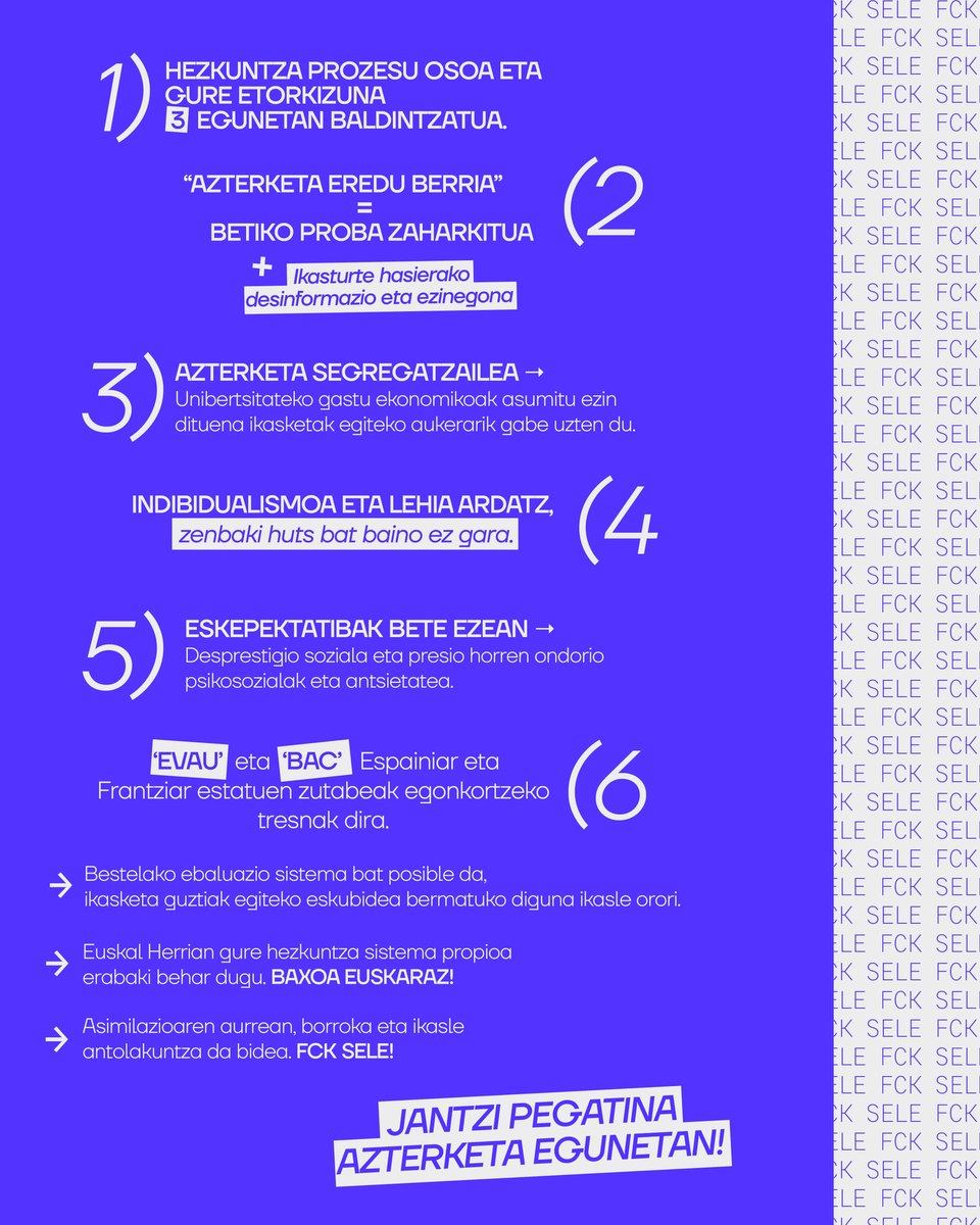 🗣Zergatik diogu FCK SELE ikasleok?

Arrazoiak asko dira. 

Batu bestelako eredu baten aldeko borrokara! Fck sele!🖕
#fcksele