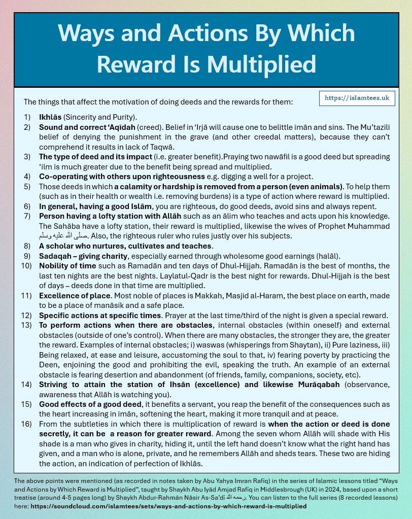 Way and Actions by Which Reward is Multiplied

Listen to the series here:
soundcloud.com/islamtees/sets…

#reward #multiplied #ikhlaas #aqeedah #salah #fasting #ramadan #laylatulqadr #sadaqah #charity #dhulhijjah #time #place #saudi #makkah #hajj