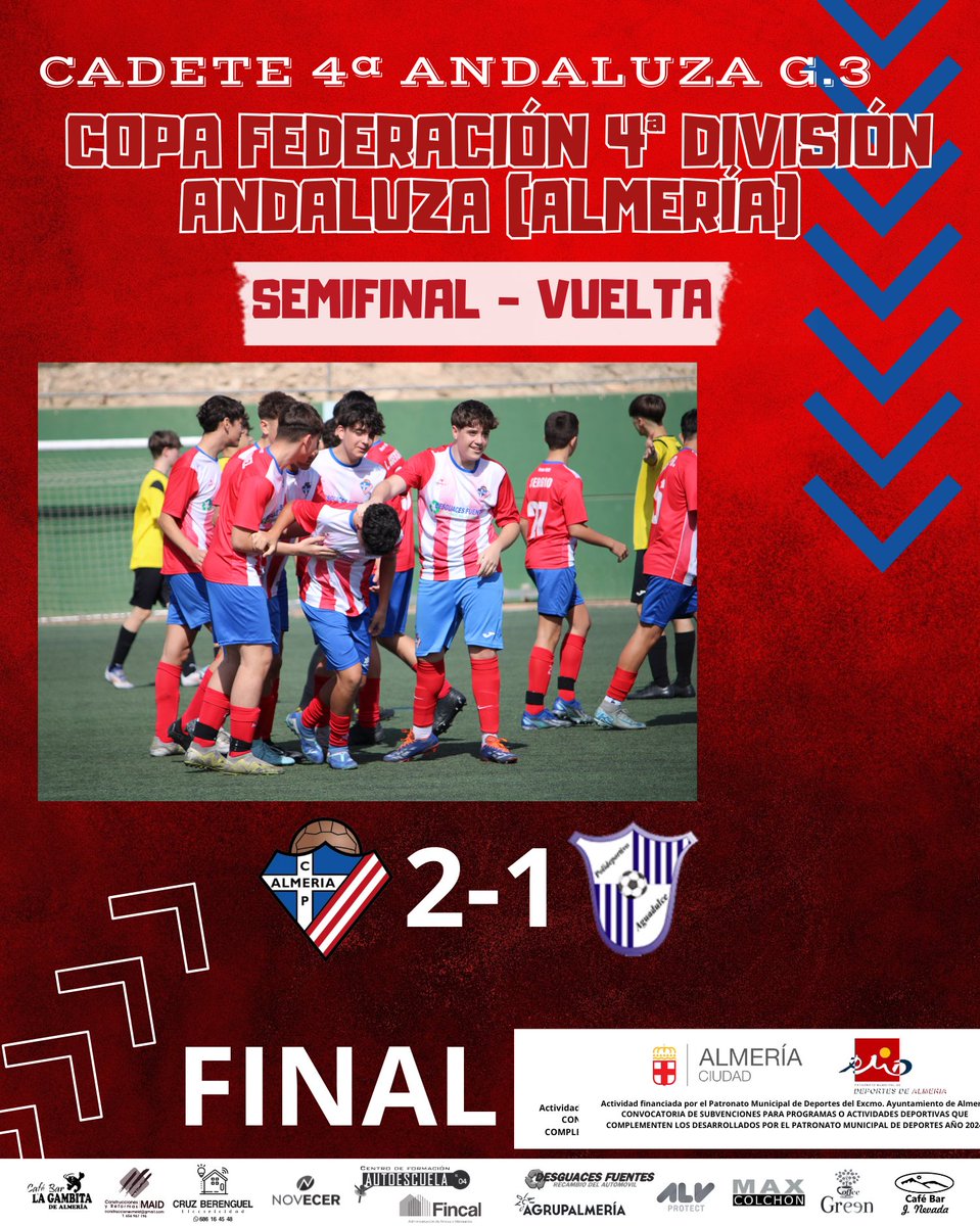 Cadete | Copa Federación

🚀 Nuestro Cadete pasa a la final de la #CopaFederación tras la victoria de esta mañana por 2-1.

🕺🏻¡Enhorabuena chavales!

💪🏻 ¡Musho Poli!

#MushoPoli #CopaFederacion #Almeria #Futbol
