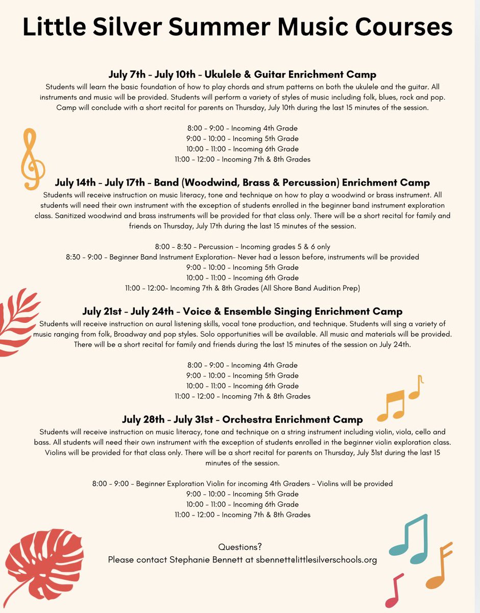 Little Silver Summer Music Enrichment Program for students entering grades 4-8, One- week camps with recitals- registration is open! myschoolbucks.com/ver2/stores/ca…