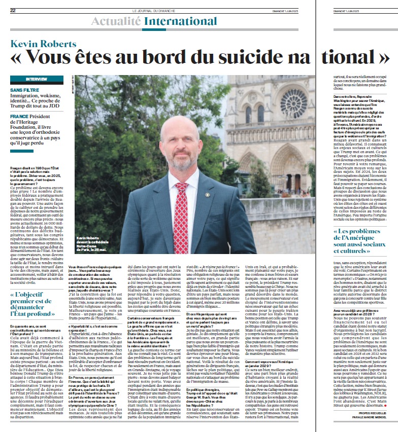 Alex_Mendel_USA's tweet photo. Kevin Roberts, patron de la Heritage Foundation et proche de Trump, ne mâche pas ses mots dans @leJDD :
« La France est au bord du suicide national. »
Immigration, wokisme, identité, État profond : une leçon de conservatisme made in 🇺🇸. 
#JDD #KevinRoberts #Trump #HeritageFoundation #immigration #wokisme