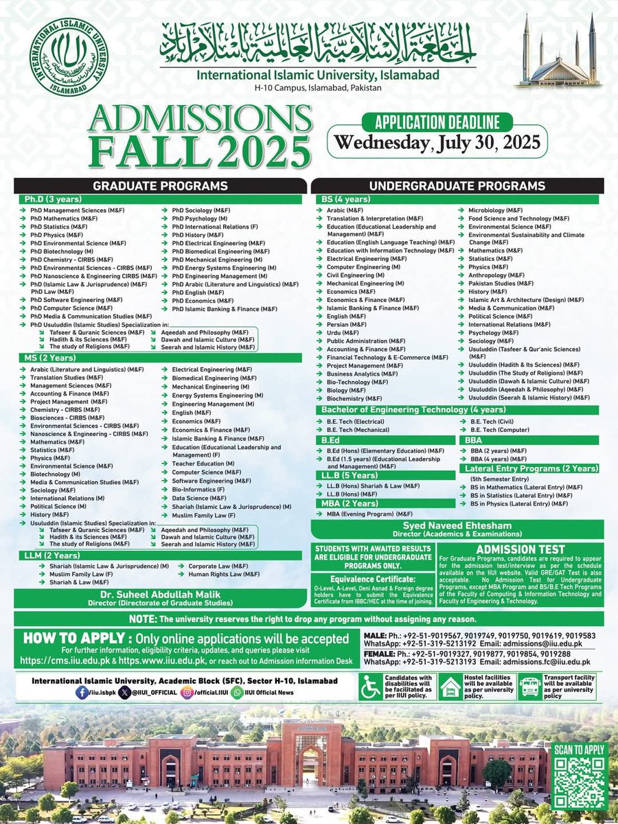 Admissions Open at IIUI for Fall 2025

Application Deadline: Wednesday, July 30, 2025

For complete details on eligibility criteria, fee structure, admission guidelines, and to submit your application online, please visit:
cms.iiu.edu.pk, or  iiu.edu.pk