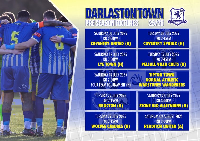 Darlaston Town release their pre-season games which includes the second Leon Taylor Memorial Tournament
darlastontown1874fc.com/news/darlaston…