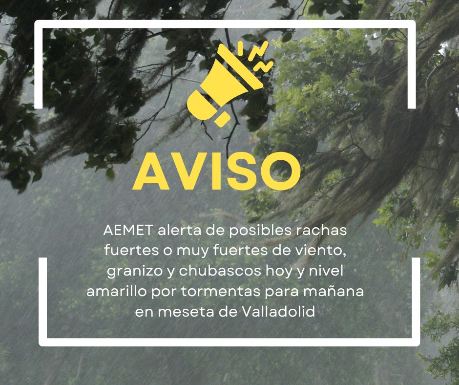 🚨 AVISO IMPORTANTE meseta de Valladolid 🚨
La AEMET informa de:
🌬️ Posibles rachas fuertes o muy fuertes de viento y chubascos y granizo durante el día de hoy
🌩️ Nivel amarillo por tormentas para mañana
📍 Extremad las precauciones.