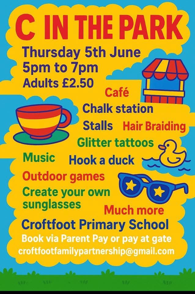 Join us for a fun-filled evening 😀

Pocket money Friendly or free activities for the whole family, Taking place at Croftfoot Primary on Thursday at 5pm — everyone is welcome! Pay at the gate. Don’t miss out on the fun!” <a href="/CateVallis/">Catherine Vallis</a> <a href="/croftfootschool/">Croftfoot Primary</a> <a href="/ParishCroftfoot/">CroftfootParish</a>